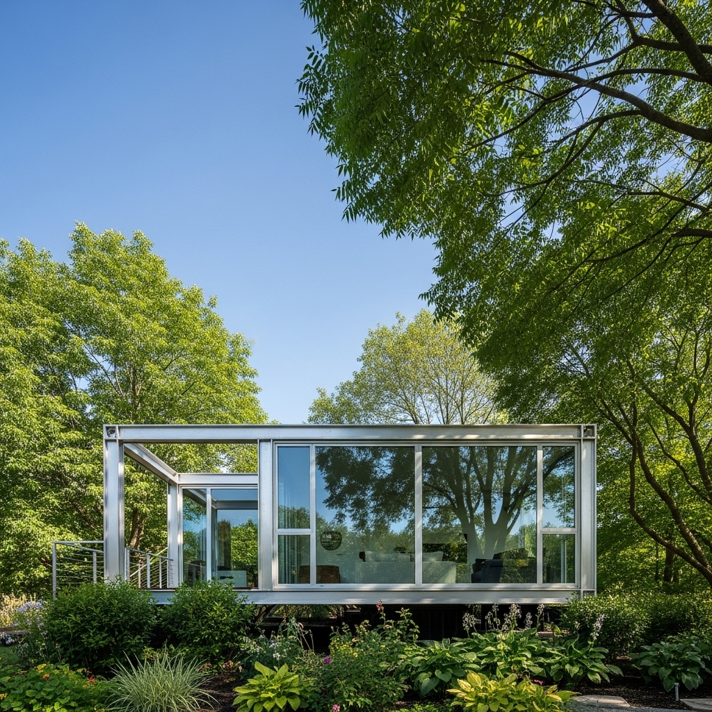 Một mẫu nhà container khung nhôm 2 tầng với thiết kế hiện đại, ban công rộng và cảnh quan xung quanh đẹp mắt